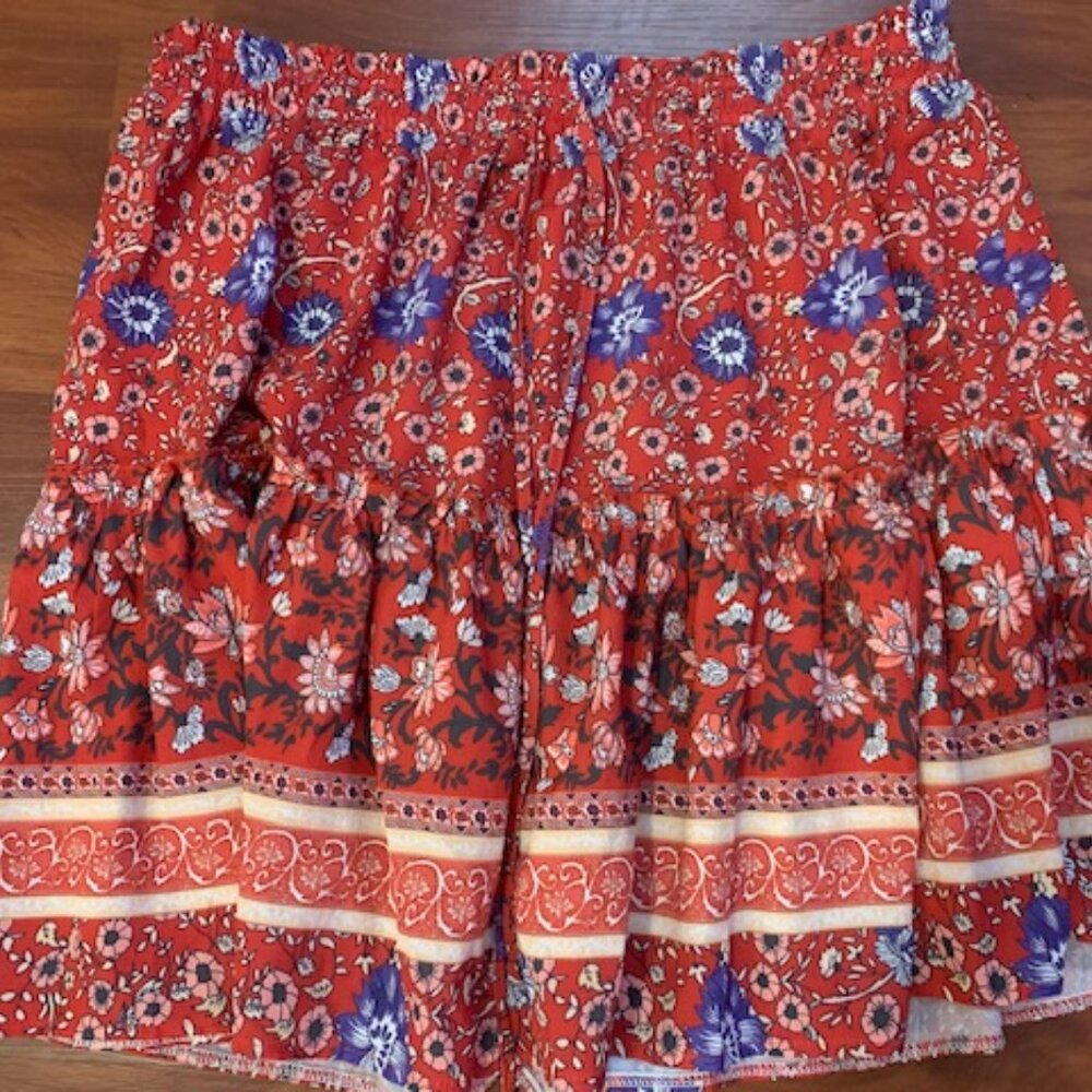 Relipop Floral Flared Short Polka Dot Pleated Mini Skater Skirt with Drawstring